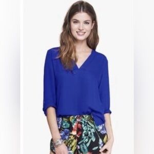 Express royal blue roll sleeve v neck blouse